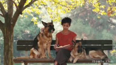 关于年轻人和宠物的画像，快乐的西班牙女孩在公园里和阿尔萨斯狗一起当狗保姆